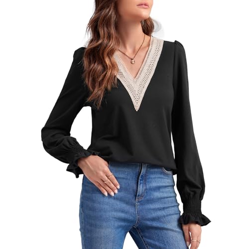 ANYFITTING V-Ausschnitt Oberteil mit Langen Ärmeln Elegante Damen Langarmbluse Freizeit Damen Longsleeve Puffärmel Langarmshirt Damen Schwarz M von ANYFITTING