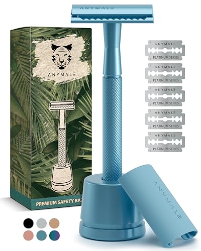 ANYMALE® Nachhaltiger Rasierhobel Arctic Edition - Set mit Halter und 5 ASTRA Klingen - Safety Razor aus Metall - inklusive praktischem Klingenschutz für Transport von ANYMALE