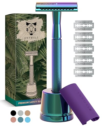 ANYMALE® Nachhaltiger Rasierhobel Rainbow Edition - Set mit Ständer und 5 ASTRA Klingen - Safety Razor aus Metall - inklusive praktischem Klingenschutz von ANYMALE
