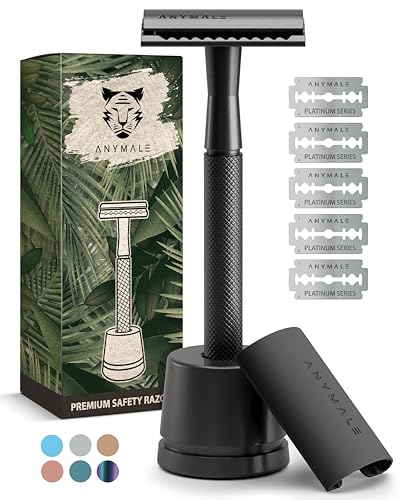 ANYMALE® Rasierhobel Black Edition - Set mit Ständer 5 Wechselklingen und Klingenschutz - Zero Waste Rasierer für Damen und Herren von ANYMALE