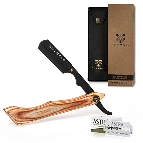 ANYMALE® Wood Edition - Nachhaltiges Rasiermesser + 10 ASTRA Wechselklingen | Herren Set mit Reise-Etui | Bart Rasur für Anfänger & Barber von ANYMALE