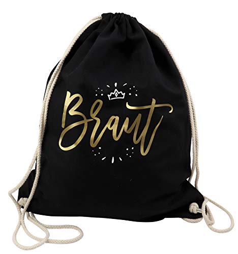 ANYMAX® JGA Beutel Braut Junggesellenabschied Frauen Turnbeutel Rucksack mit Krönchen Druck Geschenkidee Hochzeit Verlobung (Schwarz/Gold) von ANYMAX