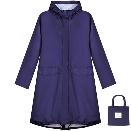 ANYOO Damen Regenjacke Regenmantel Wasserdicht mit Kapuze, Leichter Lange Regenponcho Windbreaker Regenbekleidung, Dunkelblau, Einheitsgröße von ANYOO