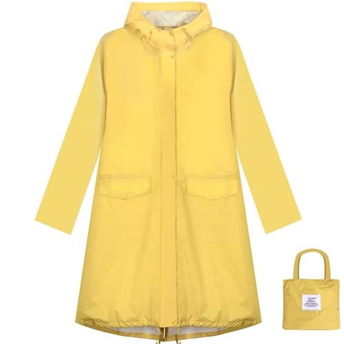 ANYOO Damen Regenjacke Regenmantel Wasserdicht mit Kapuze, Leichter Lange Regenponcho Windbreaker Regenbekleidung, Gelb, Einheitsgröße von ANYOO