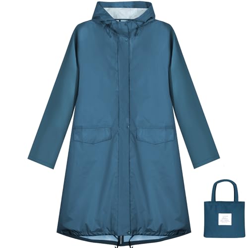 ANYOO Damen Regenjacke Regenmantel Wasserdicht mit Kapuze, Leichter Lange Regenponcho Windbreaker Regenbekleidung, Meer Blau, Einheitsgröße von ANYOO