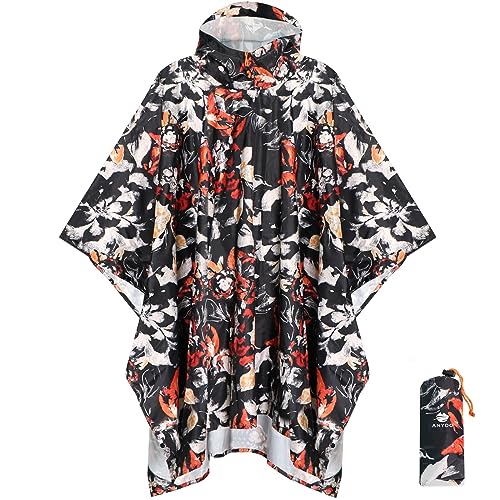 ANYOO Leichter Wasserdichter Regenponcho Herren und Damen Regenjacken Ripstop Atmungsaktiver Mehrzweck Regenmantel mit Kapuze für Outdoor Wandern Camping Angeln, Blumen, Einheitsgröße von ANYOO