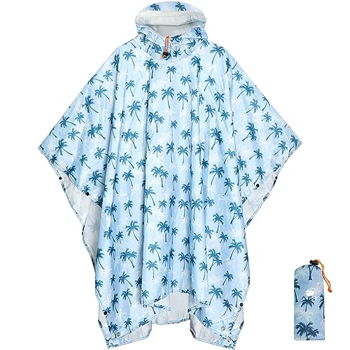 ANYOO Leichter Wasserdichter Regenponcho Herren und Damen Regenjacken Ripstop Atmungsaktiver Mehrzweck Regenmantel mit Kapuze für Outdoor Wandern Camping Angeln, Kokosbäume, Einheitsgröße von ANYOO
