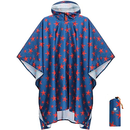 ANYOO Leichter Wasserdichter Regenponcho Herren und Damen Regenjacken Ripstop Atmungsaktiver Mehrzweck Regenmantel mit Kapuze für Outdoor Wandern Camping Angeln, Seestern, Einheitsgröße von ANYOO