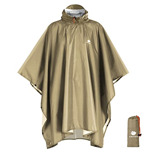 ANYOO Leichter Wasserdichter Regenponcho Wiederverwendbar Atmungsaktiver Regenschutz, Unisex Ripstop Regenmantel mit Kapuze Faltbare für im Freien Camping Wandern Angeln, DunkelKhaki, Einheitsgröße von ANYOO