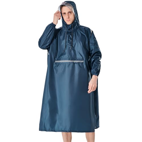 ANYOO Wasserdichter Regenponcho Leichter Regenmantel mit Verstellbaren Ärmeln, Tragbare Regen Cape Jacke mit Mehrzwecktasche für Herren Damen Outdoor Wandern Radfahren, Meeresblau, Einheitsgröße von ANYOO