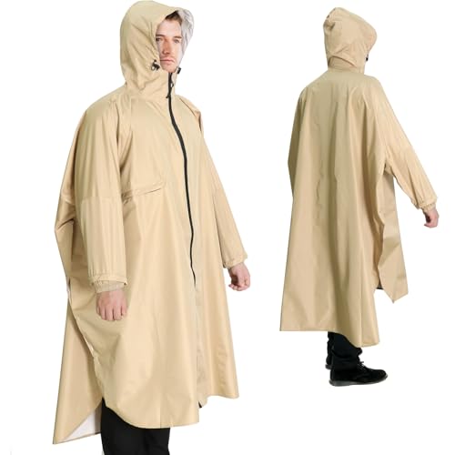 ANYOO Wasserdichter Regenponcho Leichter Tragbarer Regenmantel Jacke mit langen Ärmeln für Damen Herren Outdoor Wandern Radfahren, Khaki, Einheitsgröße von ANYOO