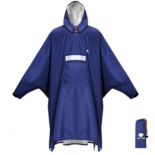 ANYOO Wasserdichter Regenponcho Winddichter Regenmantel mit Seitlichem Reißverschluss, Leichter Regenjacke mit Verstellbaren Ärmeln für Outdoor Wandern Radfahren, Einheitsgröße, Dunkelblau von ANYOO