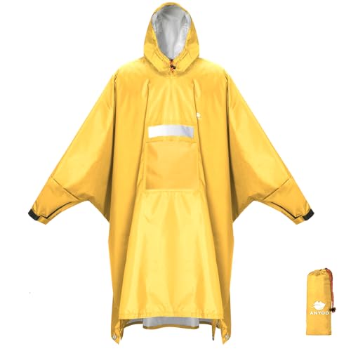 ANYOO Wasserdichter Regenponcho Winddichter Regenmantel mit Seitlichem Reißverschluss, Leichter Regenjacke mit Verstellbaren Ärmeln für Outdoor Wandern Radfahren, Einheitsgröße, Gelb von ANYOO