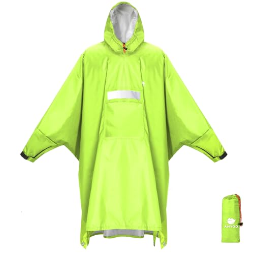 ANYOO Wasserdichter Regenponcho Winddichter Regenmantel mit Seitlichem Reißverschluss, Leichter Regenjacke mit Verstellbaren Ärmeln für Outdoor Wandern Radfahren, Einheitsgröße, Grün Gelb von ANYOO