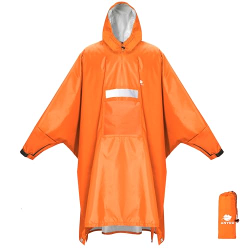 ANYOO Wasserdichter Regenponcho Winddichter Regenmantel mit Seitlichem Reißverschluss, Leichter Regenjacke mit Verstellbaren Ärmeln für Outdoor Wandern Radfahren, Einheitsgröße, Orange von ANYOO