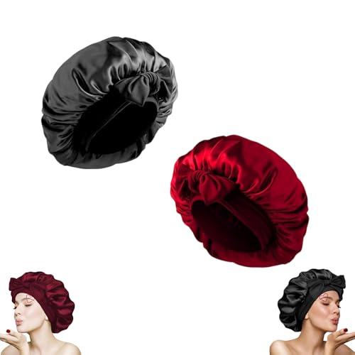 2 Stück Seidenhaube zum Schlafen Verstellbare Atmungsaktive Schlafhaube Seide Satin Haarhaube für Damen und Mädchen Schlafhaube Haare Schützen (Schwarz, Weinrot) von ANYUANKW