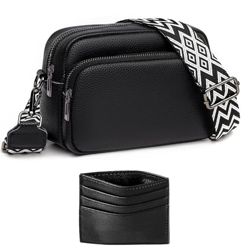 ANYWN Crossbody Bag Damen Breiter Gurt Echtleder, kleine Handtasche Damen Umhängetasche, Umhängetasche damen breiter gurt, Handytasche Zum Umhängen Frauen mit Abnehmbar Schultergurt Schwarz von ANYWN