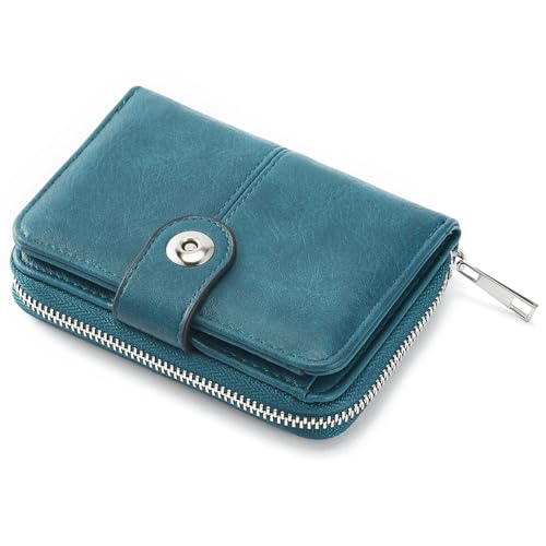 Geldbörsen Damen mittelgroß, Portemonnaie Damen mit Kartenfächer und Großes Zipper Münzfach, RFID-blockierende Geldbeutel Frauen mit Reißverschluss und Druckknopf Blau von ANYWN