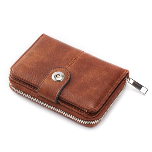 Geldbörsen Damen mittelgroß, Portemonnaie Damen mit Kartenfächer und Großes Zipper Münzfach, RFID-blockierende Geldbeutel Frauen mit Reißverschluss und Druckknopf Retro-Braun von ANYWN