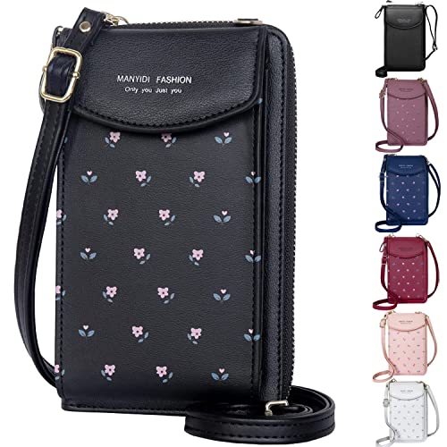 Handy Umhängetasche Damen- Handytasche mit Geldbörse zum umhängen Damen Schultertasche Klein reisepass Handytasche mit Kartenfächer Verstellbar Abnehmbar Schultergurt für Handy unter 6.5‘‘ Schwarz von ANYWN