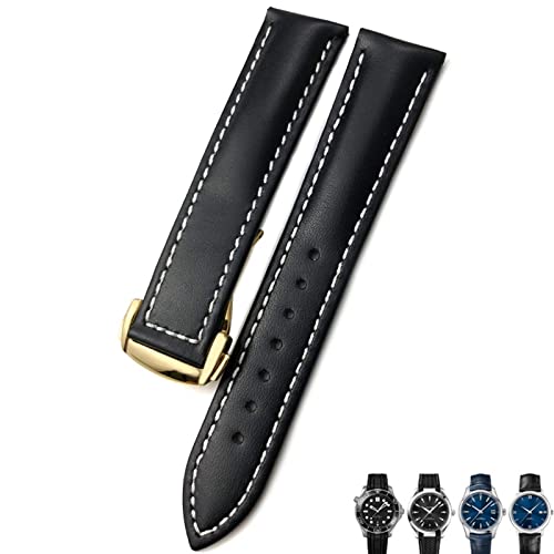 ANZOAT Uhrenarmband aus Rindsleder, 21 mm, 20 mm, 22 mm, für Omega Seamaster 300 Speedmaster Uhrenarmbänder, Schwarz-Weiß-Gold, 20 mm von ANZOAT