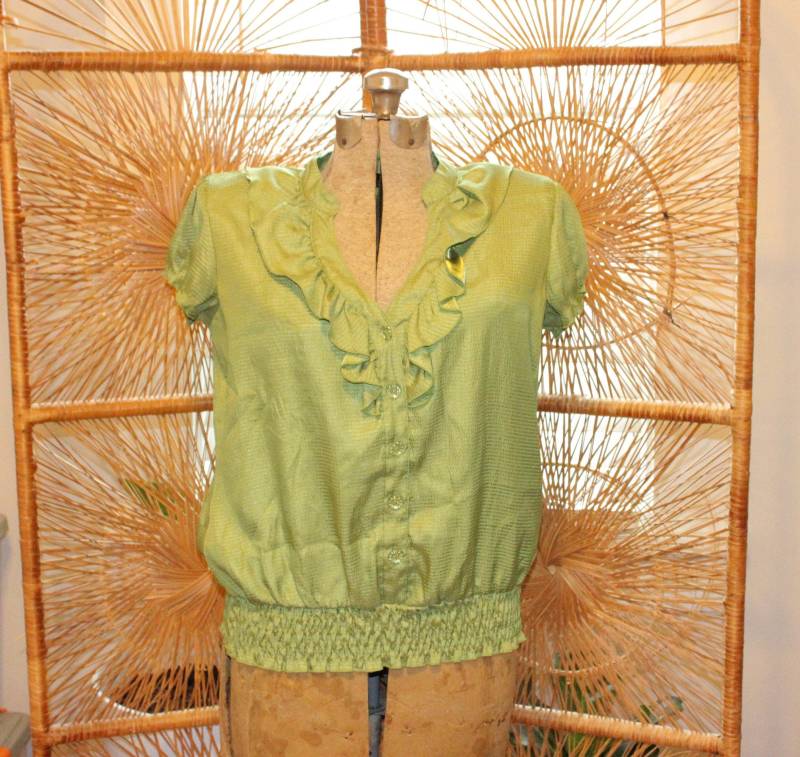 Grüne Rüschenbluse, Grüne Bluse, Grüne Bluse von ANewDayVintage