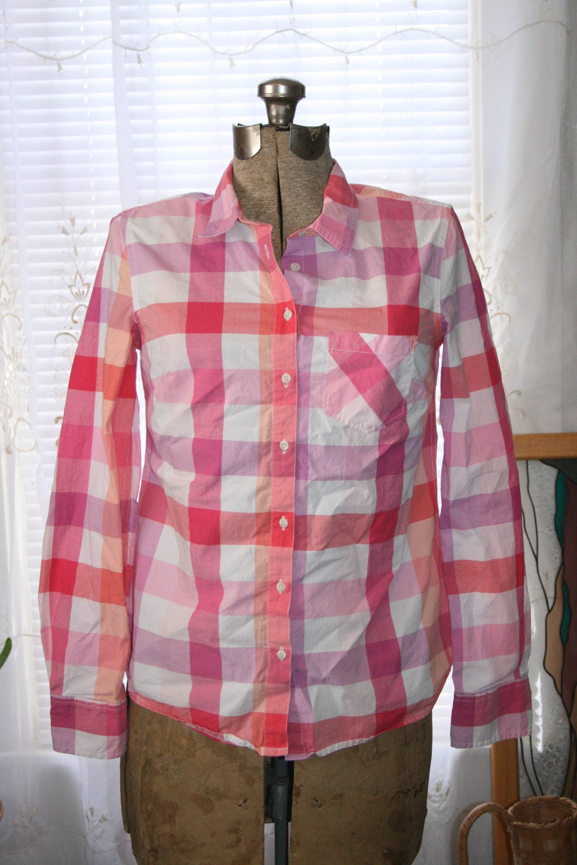 Merona Button Up Bluse, Merona Button Down Shirt, Merona Long Sleeve Up Shirts, Merona Shirts Womens, Hot Pink Kariertes Shirt, Pink Kariert von ANewDayVintage