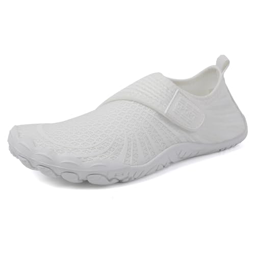 AOACOEBN Barfußschuhe Herren Damen Barfussschuhe Atmungsaktiv Strandschuhe rutschfeste Badeschuhe Outdoor Traillaufschuhe Leicht Fitness Schuhe,Weiß,46 EU von AOACOEBN