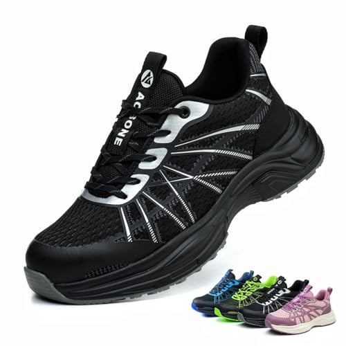AOACOEBN Sicherheitsschuhe Herren Damen Arbeitsschuhe Leicht Sportlich Stahlkappenschuhe rutschfest Atmungsaktiv Schutzschuhe, Schwarz, 42 EU von AOACOEBN