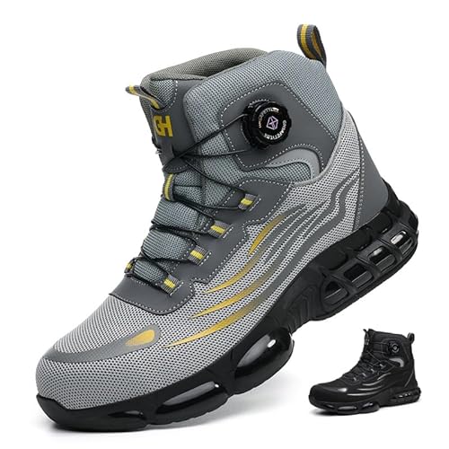 AOACOEBN Sicherheitsstiefel Herren Damen Hoch Arbeitsschuhe Leicht Stahlkappenschuhe Atmungsaktiv Sicherheitsschuhe rutschfest Arbeitsstiefel mit Schnellverschluss, Grau, 46 EU von AOACOEBN