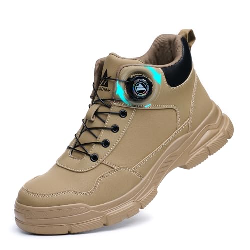 AOACOEBN Sicherheitsstiefel Herren Damen Sicherheitsschuhe Leicht Wasserdicht Arbeitsschuhe rutschfest Hoch Stahlkappenschuhe Arbeitsstiefel mit Drehverschluss，Braun，44 EU von AOACOEBN