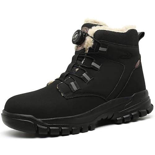 AOACOEBN Winter Sicherheitsschuhe Herren Arbeitsschuhe Damen leicht mit Drehknopf rutschfest Stahlkappenschuhe Wasserdicht Sicherheitsstiefel Warm Gefüttert Schutzschuhe，Schwarz，44 EU von AOACOEBN