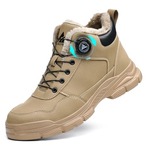 AOACOEBN Winter Sicherheitsschuhe Herren Damen Arbeitsschuhe Wasserdicht Sicherheitsstiefel Leicht rutschfeste Stahlkappenschuhe Warm Gefüttert Arbeitsstiefel mit Drehknopf，Braun，38 EU von AOACOEBN