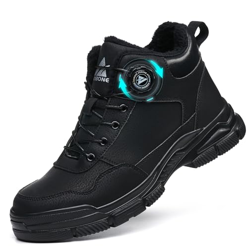 AOACOEBN Winter Sicherheitsschuhe Herren Damen Arbeitsschuhe Wasserdicht Sicherheitsstiefel Leicht rutschfeste Stahlkappenschuhe Warm Gefüttert Arbeitsstiefel mit Drehknopf，Schwarz，46 EU von AOACOEBN