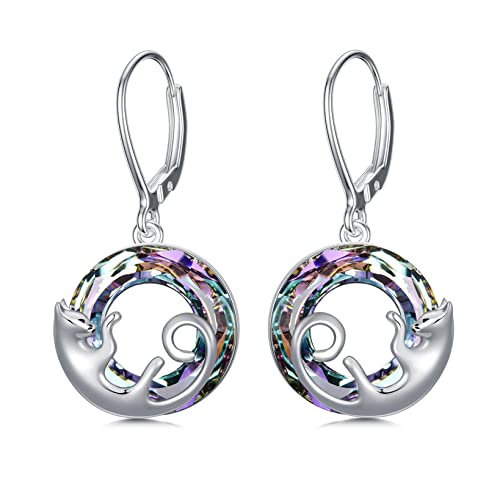 925 Sterling Silber Katzen-Ohrringe Dangle Drop Brisuren Ohrringe mit Violett Kristall Katzen Schmuck Geschenke für Katzenliebhaber von AOBOCO