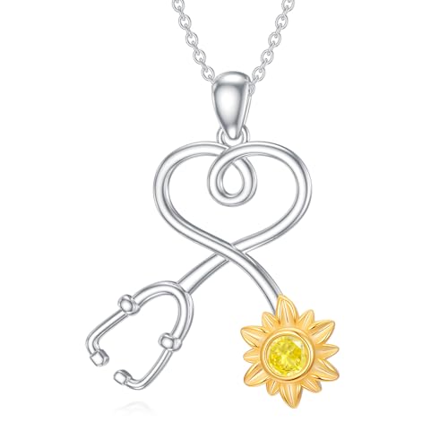925 Sterling Silber Sonnenblume Stethoskop Halskette Anhänger Abschlussgeschenk für Krankenschwester Arzt RN Medizinstudent von AOBOCO