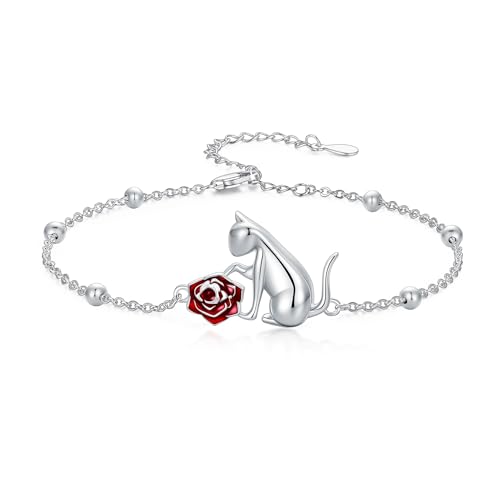 AOBOCO 925 Sterling Silber Katze Rose Link Katzen Verstellbares Armband Geburtstagsschmuck Geschenke für Frauen AOBOCO 925 Sterling Silber Katze Rose Link Katzen Verstellbares Armband Geburtstagsschmuck Geschenke für Frauen von AOBOCO