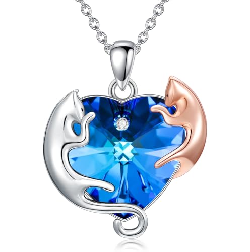 AOBOCO 925 Sterling Silber Niedliche 2 Katzen Halskette Anhänger mit Blauem Herzkristall aus Österreich Geburtstags für Frauen – Stil B AOBOCO 925 Sterling Silber Niedliche 2 Katzen Halskette Anhänger mit Blauem Herzkristall aus Österreich Geburtstags für Frauen – Stil B von AOBOCO