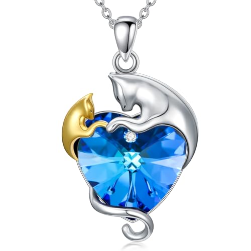 AOBOCO 925 Sterling Silber Niedliche 2 Katzen Halskette Anhänger mit Blauem Herzkristall aus Österreich Geburtstags für Frauen – Stil C von AOBOCO