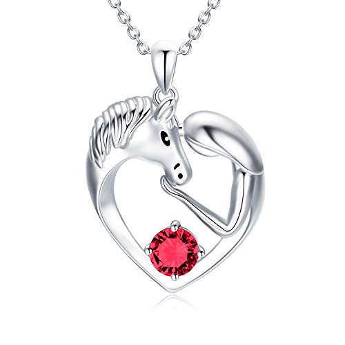 AOBOCO 925 Sterling Silber Pferde Kette mit Simulierter Rubin Juli Geburtsstein Kristall, Pferde Schmuck Geschenke für Mädchen Frauen von AOBOCO