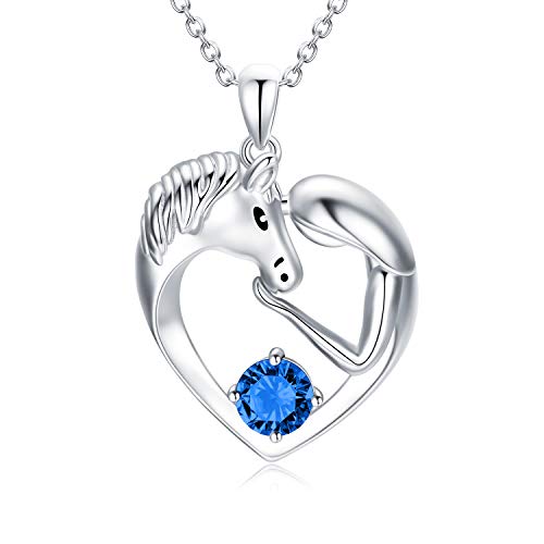 AOBOCO 925 Sterling Silber Pferde Kette mit Simulierter Saphir September Geburtsstein Kristall, Pferde Schmuck Geschenke für Mädchen Frauen von AOBOCO