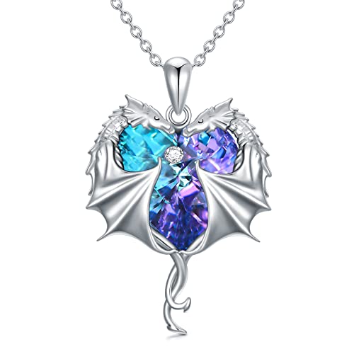 AOBOCO Drachen Kette Damen 925 Sterling Silber Zwei Drachen Herz Kristall Anhänger Halskette Liebesschmuck Geschenk für Ehefrau Freundin von AOBOCO