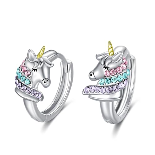 AOBOCO Einhorn Ohrringe Kinder Sterling Silber 925 Creolen mit Rosa Kristallen, Einhorn Schmuck Geburtstagsgeschenk für Mädchen Frauen (Bunt 3) von AOBOCO