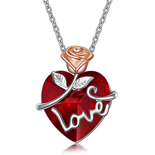 AOBOCO Halskette Herz Damen S925 Sterling Silber Rose Blume Kette Geburtsstein Kristall Anhänger Schmuck Valentinstag Geburtstag Geschenke für Frauen Mama Freundin ihre von AOBOCO