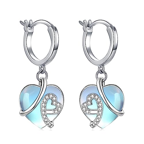 AOBOCO Mondstein Herz Creolen Ohrringe Damen - 925 Sterling Silber Baumeln Tropfen Liebes Herz Ohrringe Schmuck mit Mondstein für Valentinstag & Geburtstag Geschenke für Sie, Frau, Freundin von AOBOCO