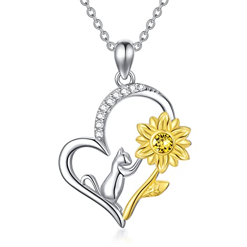 AOBOCO Katze Halskette 925 Sterling Silber Sonnenblumen Katzen Anhänger mit Kristall Katzengeschenke für Katzenliebhaber von AOBOCO