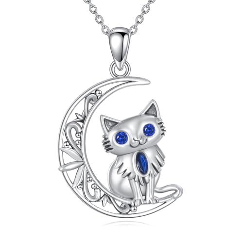 AOBOCO Katzen Halskette 925 Sterling Silber Süßer Mond Katze Anhänger Halskette Geburtstagsschmuck,Geschenke für Frauen Katzenliebhaber von AOBOCO
