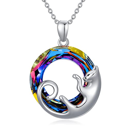AOBOCO Katzen Halskette für Frauen 925 Sterlingsilber Katzen Kätzchen Anhänger Halskette mit farbverändertem Kreis-Kristall, Katzenschmuck Geschenke für Frauen Mädchen Katzenliebhaber AOBOCO Katzen Halskette für Frauen 925 Sterlingsilber Katzen Kätzchen Anhänger Halskette mit farbverändertem Kreis-Kristall, Katzenschmuck Geschenke für Frauen Mädchen Katzenliebhaber von AOBOCO