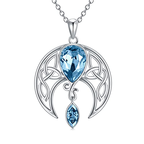 AOBOCO Keltische Halskette 925 Sterling Silber Halbmond Mond Anhänger mit Simuliertem Aquamarin Blau Geburtsstein Keltischer Irischem Schmuck Geschenke für Frauen von AOBOCO