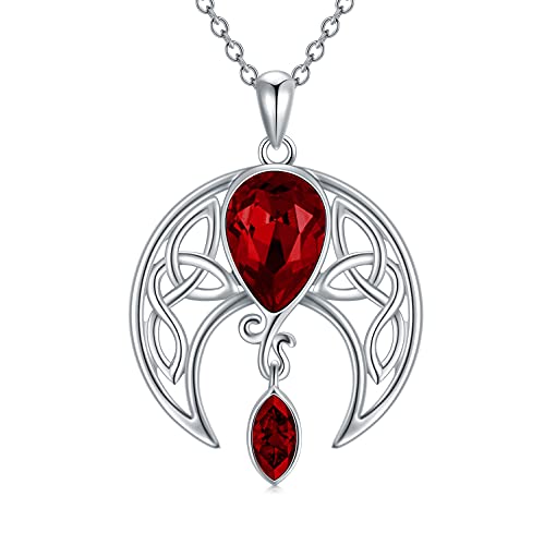 AOBOCO Keltische Halskette 925 Sterling Silber Halbmond Mond Anhänger mit Simuliertem Rubin Rot Geburtsstein Keltischer Irischem Schmuck Geschenke für Frauen von AOBOCO